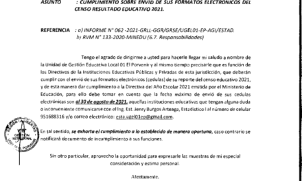 CUMPLIMIENTO SOBRE ENVIO DE SUS FORMATOS ELECTRONICOS DEL CENSO RESULTADO EDUCATIVO 2021.