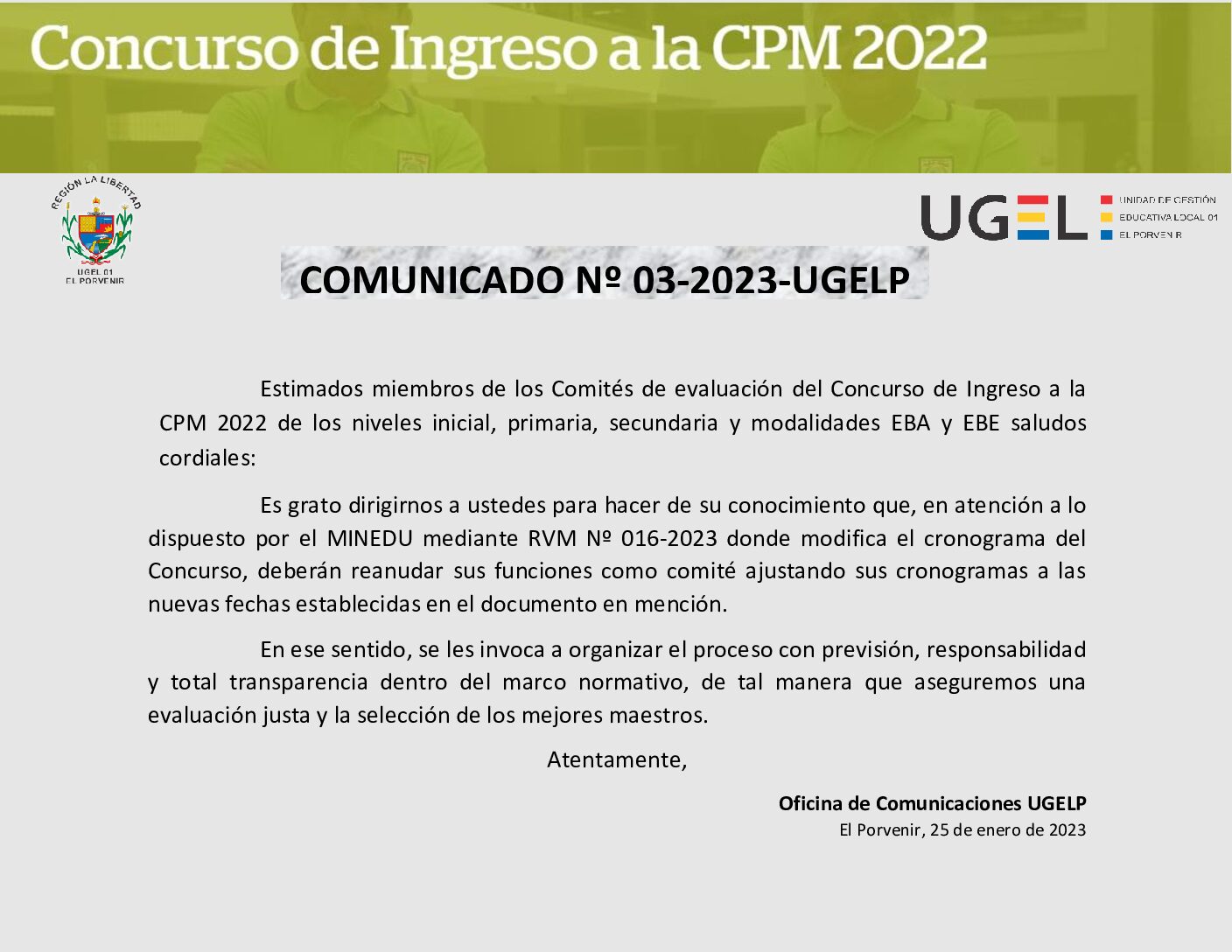 COMUNICADO Nº 03-2023-UGELP