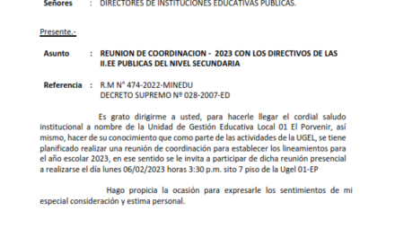REUNIÓN DE COORDINACIÓN – 2023 CON LOS DIRECTIVOS DE LAS II.EE PUBLICAS DEL NIVEL SECUNDARIA