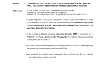 COMUNICA LISTADO DE MATERIAL EDUCATIVO DOTACIÓN 2024 Y PAUTAS PARA RECEPCIÓN Y RESGUARDO DE MATERIAL EDUCATIVO RECIBIDO