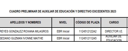 CUADRO PRELIMINAR DE AUXILIAR DE EDUCACIÓN Y DIRECTIVO EXCEDENTES 2023