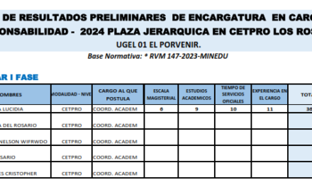 PUBLICACIÓN DE RESULTADOS PRELIMINARES  DE ENCARGATURA  EN CARGOS DE MAYOR RESPONSABILIDAD –  2024 PLAZA JERARQUICA EN CETPRO LOS ROSALES