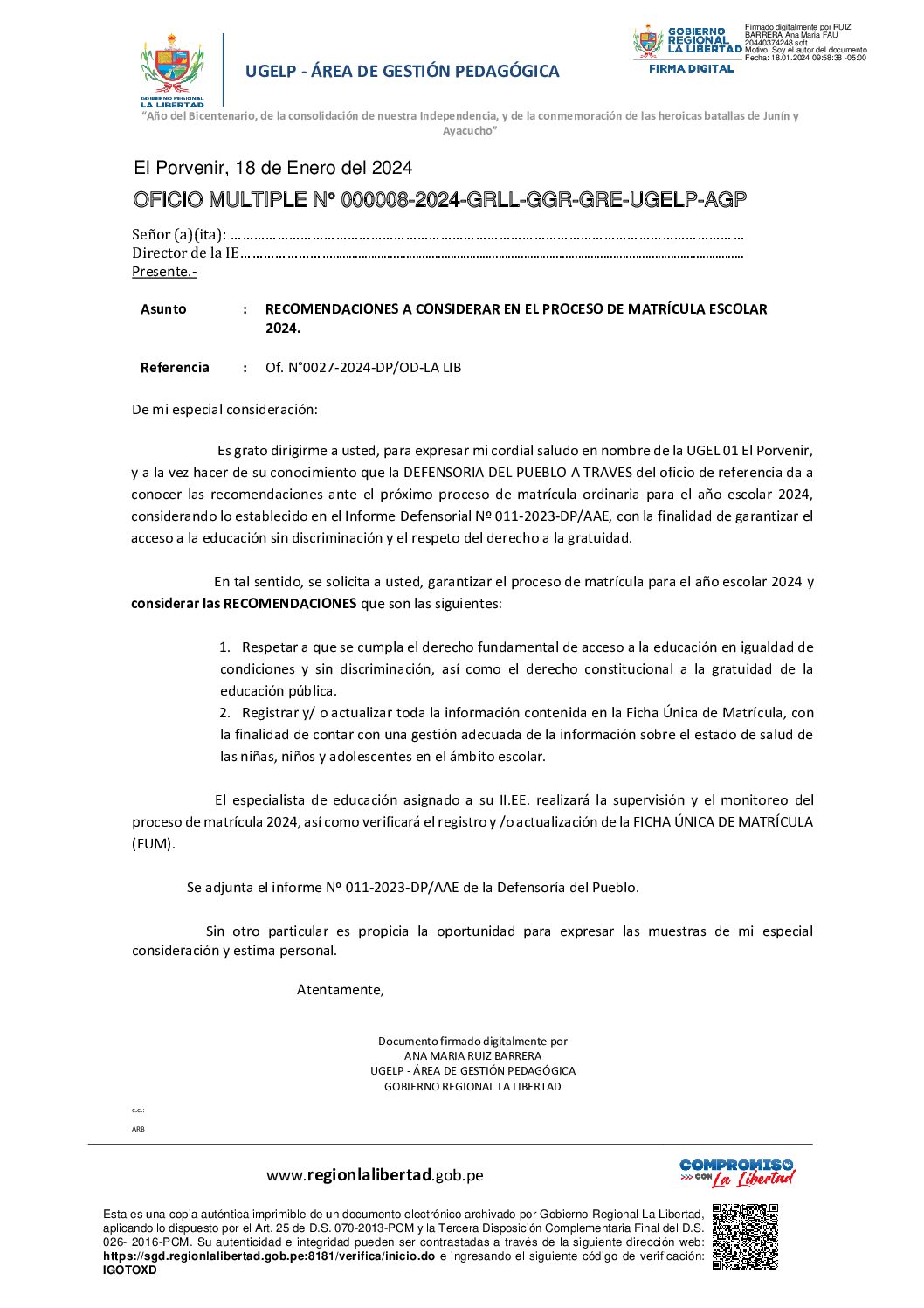 RECOMENDACIONES A CONSIDERAR EN EL PROCESO DE MATRÍCULA ESCOLAR 2024