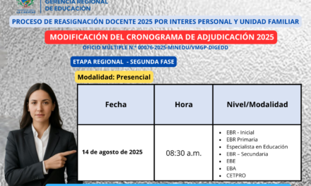 Modificación de Cronograma de Adjudicación de plazas – Proceso de reasignación por Interes personal y Unidad Familiar 2025 – Etapa Regional Segunda Fase