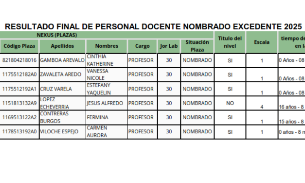 RESULTADO FINAL DE PERSONAL DOCENTE NOMBRADO EXCEDENTE – PROCESO DE RACIONALIZACIÓN 2025